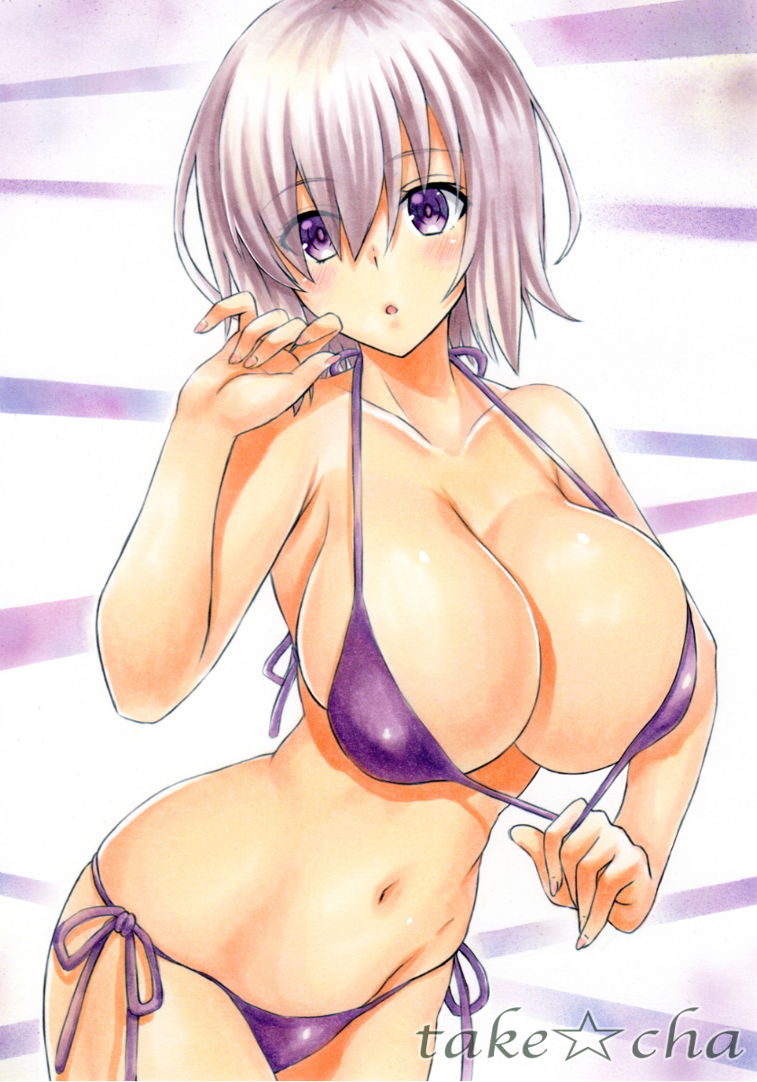 bikini breasts cleavage collarbone commentary_request cowboy_shot eyebrows_visible_through_hair eyes_visible_through_hair fate/grand_order fate_(series) fou_(fate/grand_order) hair_over_one_eye highres lavender_hair looking_at_viewer marker_(medium) mash_kyrielight open_mouth purple_background purple_eyes purple_hair short_hair standing swimsuit takecha traditional_media white_background