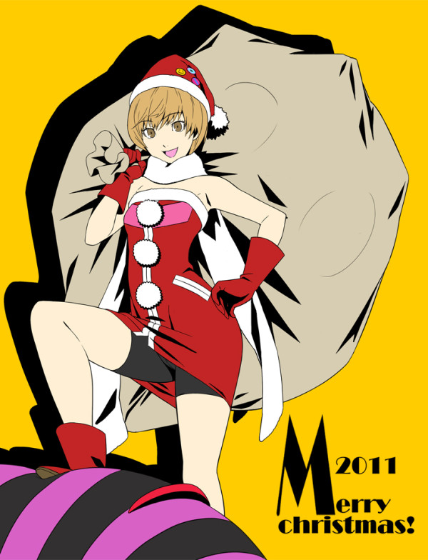 2011 bag bike_shorts brown_eyes brown_hair dress flat_color gentle_sasaki gloves hat merry_christmas open_mouth persona persona_4 pin red_footwear red_gloves santa_costume santa_hat satonaka_chie scarf short_hair shorts_under_dress smile solo strapless strapless_dress white_scarf