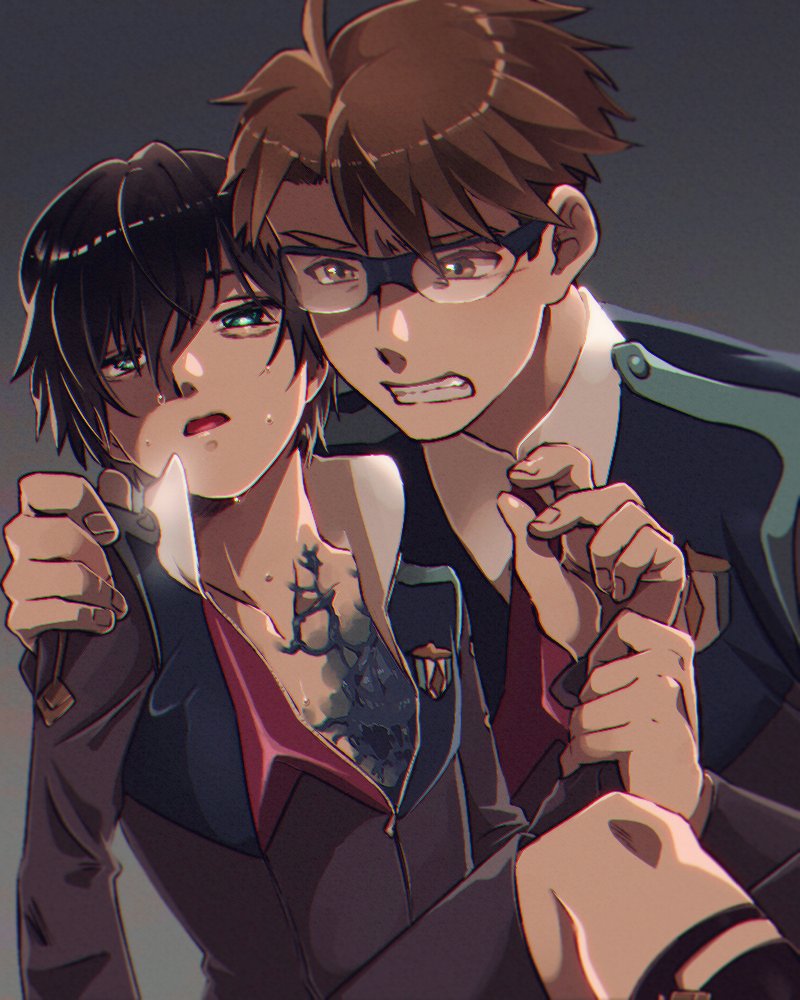 2boys black_hair blue_eyes brown_hair darling_in_the_franxx glasses gorou_(darling_in_the_franxx) hand_on_another's_arm hand_on_another's_shoulder hiro_(darling_in_the_franxx) long_sleeves look_another male_focus military military_uniform multiple_boys necktie o831o141 open_clothes red_neckwear scar sweat uniform yellow_eyes