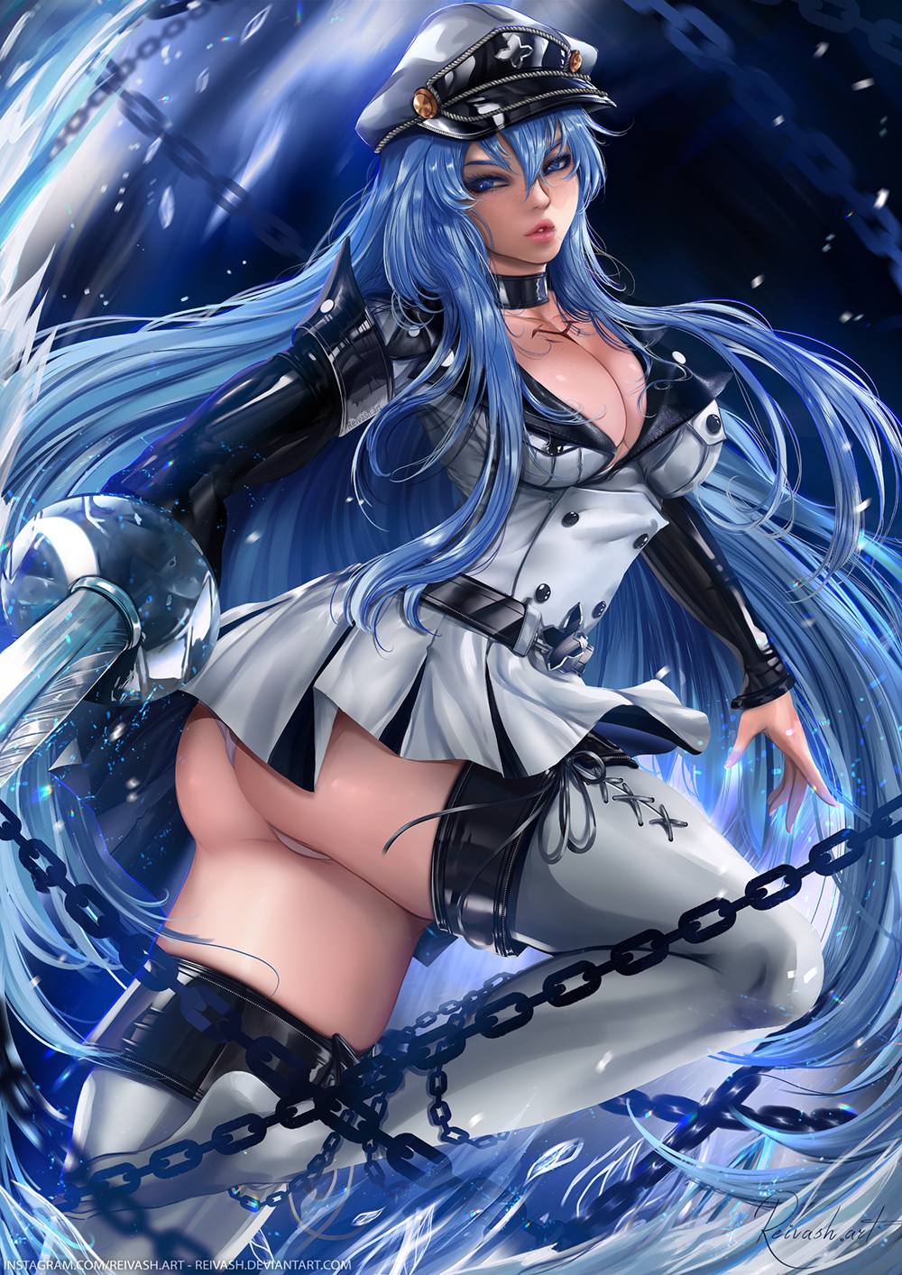 akame_ga_kill! ass bangs blue_eyes blue_hair breasts chain choker cleavage collarbone commentary_request esdeath hair_between_eyes hat highres holding holding_sword holding_weapon ice javier_estrada large_breasts long_hair military military_uniform panties panty_peek peaked_cap sadism skirt skirt_lift solo sword tattoo thigh_strap thighhighs thighs turning_head underwear uniform weapon