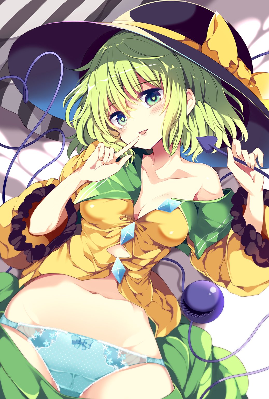 bare_shoulders black_hat blue_panties blush bow breasts cleavage collarbone commentary_request eyebrows_visible_through_hair finger_to_mouth green_eyes green_hair green_skirt hat hat_bow head_tilt heart heart-shaped_pupils heart_of_string highres komeiji_koishi long_sleeves looking_at_viewer lying maturiuta_sorato medium_breasts navel off_shoulder on_back panties parted_lips shirt short_hair skirt skirt_removed solo stomach symbol-shaped_pupils third_eye touhou underwear wide_sleeves yellow_bow yellow_shirt