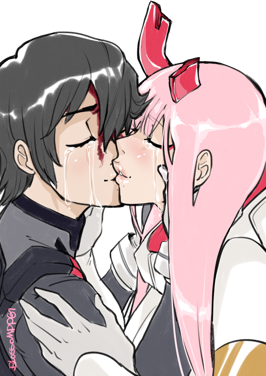1boy 1girl asymmetrical_horns black_bodysuit black_hair blossomppg bodysuit couple crying darling_in_the_franxx eyebrows_visible_through_hair eyes_closed face-to-face fringe gloves hand_on_another's_shoulder hands_on_another's_face hetero hiro_(darling_in_the_franxx) horns long_hair oni_horns pilot_suit pink_hair red_horns short_hair signature tears white_bodysuit white_gloves zero_two_(darling_in_the_franxx)
