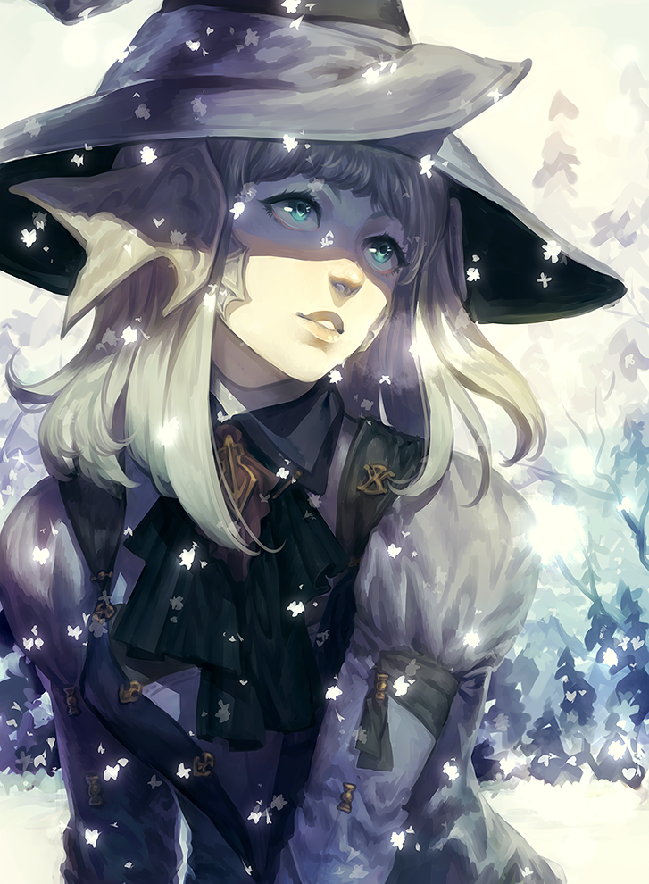 blue_eyes commission hat jotaku looking_to_the_side looking_up shirt snow white_hair winter witch_hat