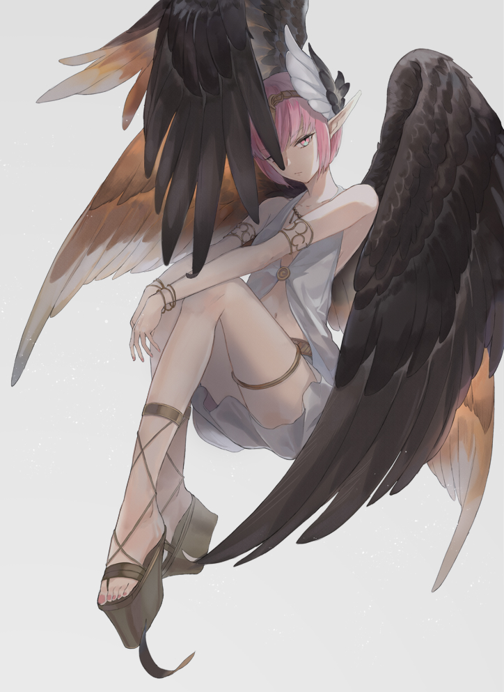 bare_shoulders black_wings bracelet circe_(fate/grand_order) circlet closed_mouth commentary_request cross-laced_footwear cross-laced_sandals fate/grand_order fate_(series) grey_background hands_on_own_knees invisible_chair jewelry kachi looking_at_viewer navel one_eye_covered pink_eyes pink_hair plantar_flexion platform_footwear pointy_ears sandals short_hair simple_background sitting solo thighlet tiara vest winged_hair_ornament wings