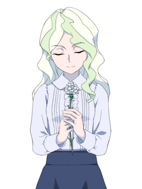 blonde_hair blouse closed_eyes commentary diana_cavendish flower holding holding_flower little_witch_academia mother's_day multicolored_hair satochi_(twitter) smile solo two-tone_hair white_background white_flower