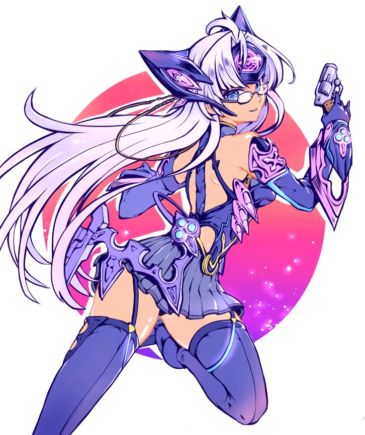 a5a5_ygo android ass blue_eyes breasts cleavage cyborg dark_skin elbow_gloves glasses gloves gun large_breasts long_hair looking_at_viewer silver_hair skirt smile solo t-elos t-elos_re thighhighs underboob weapon xenoblade_(series) xenoblade_2 xenosaga xenosaga_episode_iii