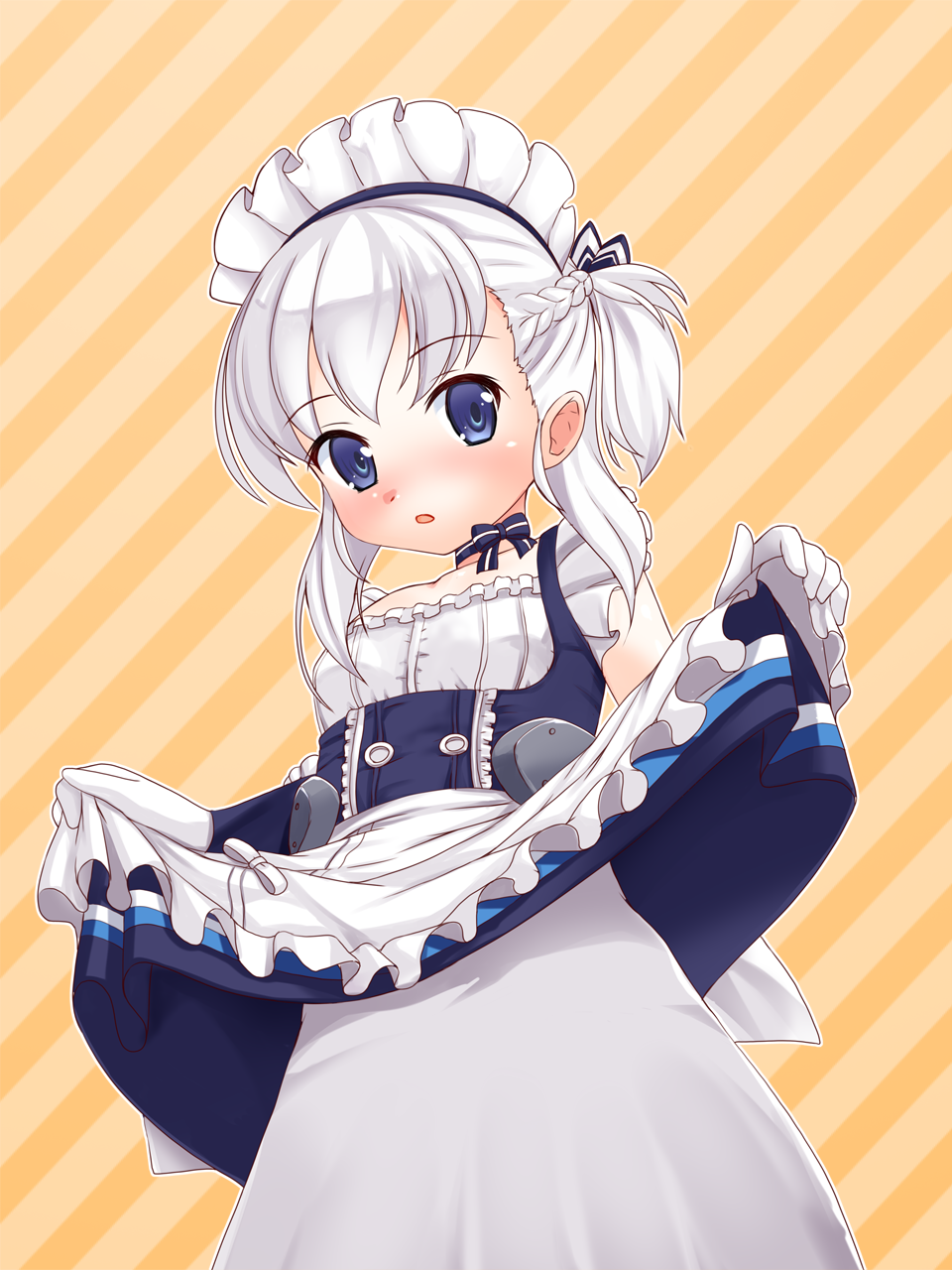 apron arms_up azur_lane belchan_(azur_lane) belfast_(azur_lane) blue_dress blue_eyes blush braid commentary_request dress dress_lift gloves highres kumaneko_rococo lifted_by_self long_hair maid_headdress open_mouth ponytail short_ponytail silver_hair solo striped striped_background under_dress waist_apron white_dress white_gloves younger