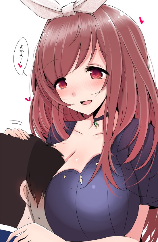 1girl :d bangs between_breasts blue_shirt blush bow breasts brown_hair choker cleavage commentary_request eyebrows_visible_through_hair hair_bow han_(jackpot) hand_on_another's_shoulder head_between_breasts heart huge_breasts idolmaster idolmaster_shiny_colors jewelry long_hair open_mouth parted_bangs pendant petting shirt simple_background smile spoken_heart sweat tsukioka_kogane upper_body white_background