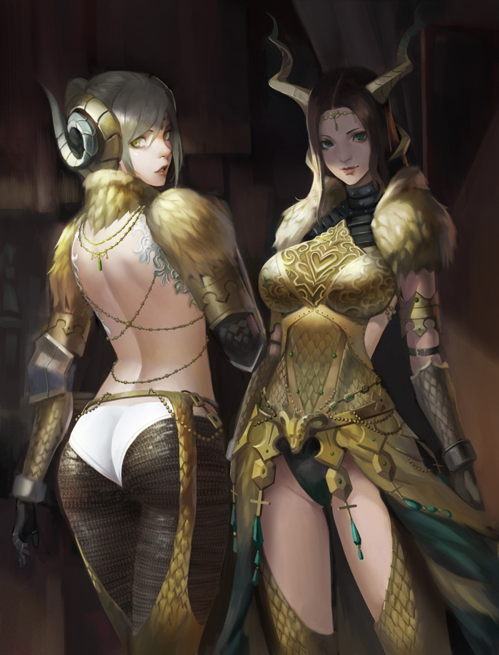 armlet ass back backless_outfit blonde_hair breastplate circlet commentary_request elbow_pads gloves gold_trim green_eyes horned_headwear horns jewelry kulve_taroth_(armor) leotard_under_clothes looking_at_viewer looking_back medium_hair monster_hunter monster_hunter:_world multiple_girls parted_lips phamoz ponytail smile yellow_eyes