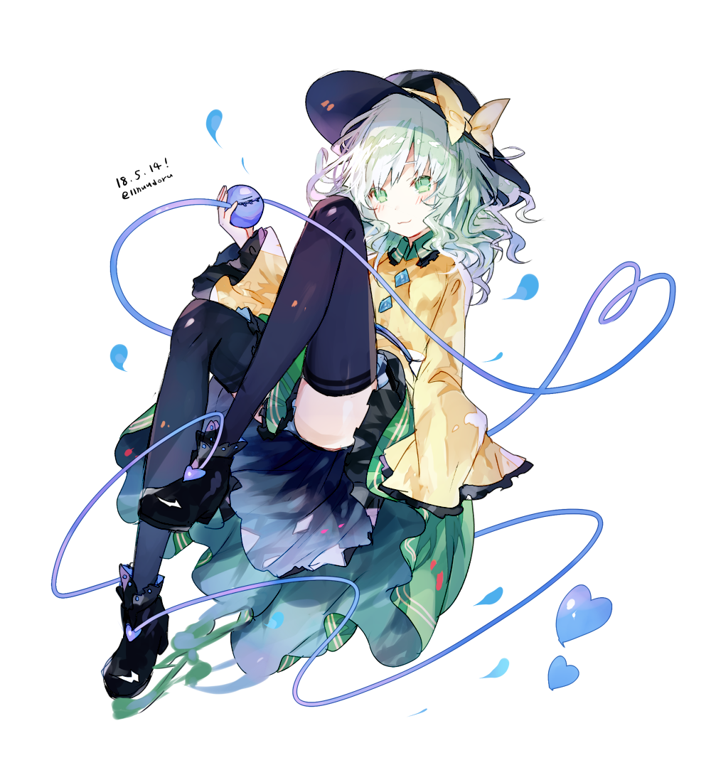 :3 artist_name ass black_footwear black_hat black_legwear blue_panties blush boots bow commentary_request dated frilled_shirt_collar frills full_body green_eyes green_hair green_skirt hat hat_bow heart heart_of_string holding knees_up komeiji_koishi long_sleeves looking_at_viewer medium_hair nuudoru panties panty_peek petals petticoat shirt simple_background skirt sleeves_past_fingers sleeves_past_wrists smile solo thighhighs third_eye touhou twitter_username underwear wavy_hair white_background wide_sleeves wing_collar yellow_bow yellow_shirt