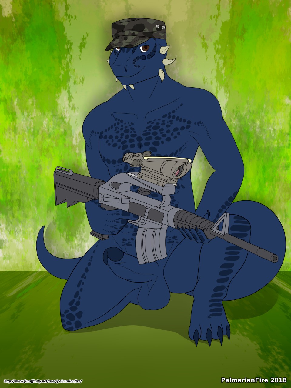 army assault_rifle blue_scales camo crouching erection gun kneeling m4 male military nude palmarianfire penis ranged_weapon rifle scales soldier solo tristen weapon