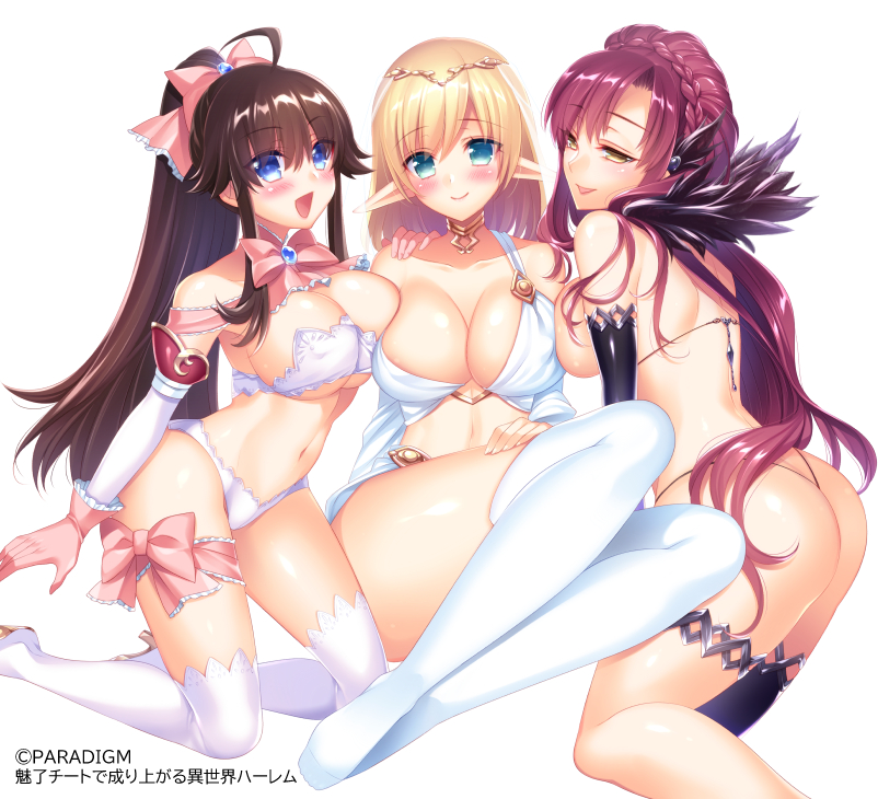 :d ass blonde_hair blue_eyes blush bow bra braid breasts brown_hair circlet copyright_request crown_braid earrings elbow_gloves elf gloves hand_on_shoulder jewelry kneeling large_breasts long_hair multiple_girls navel official_art open_mouth panties pink_bow pink_gloves pointy_ears ponytail sanom sitting smile thigh_strap thighhighs thong underwear watermark white_bra white_gloves white_legwear white_panties