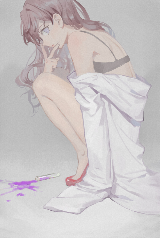 bare_shoulders black_bra blue_eyes bra brown_hair clothes_down finger_to_cheek full_body hagino_(axgh) high_heels ichinose_shiki idolmaster idolmaster_cinderella_girls labcoat long_hair looking_at_viewer looking_to_the_side red_footwear simple_background solo spill squatting test_tube underwear v wavy_hair