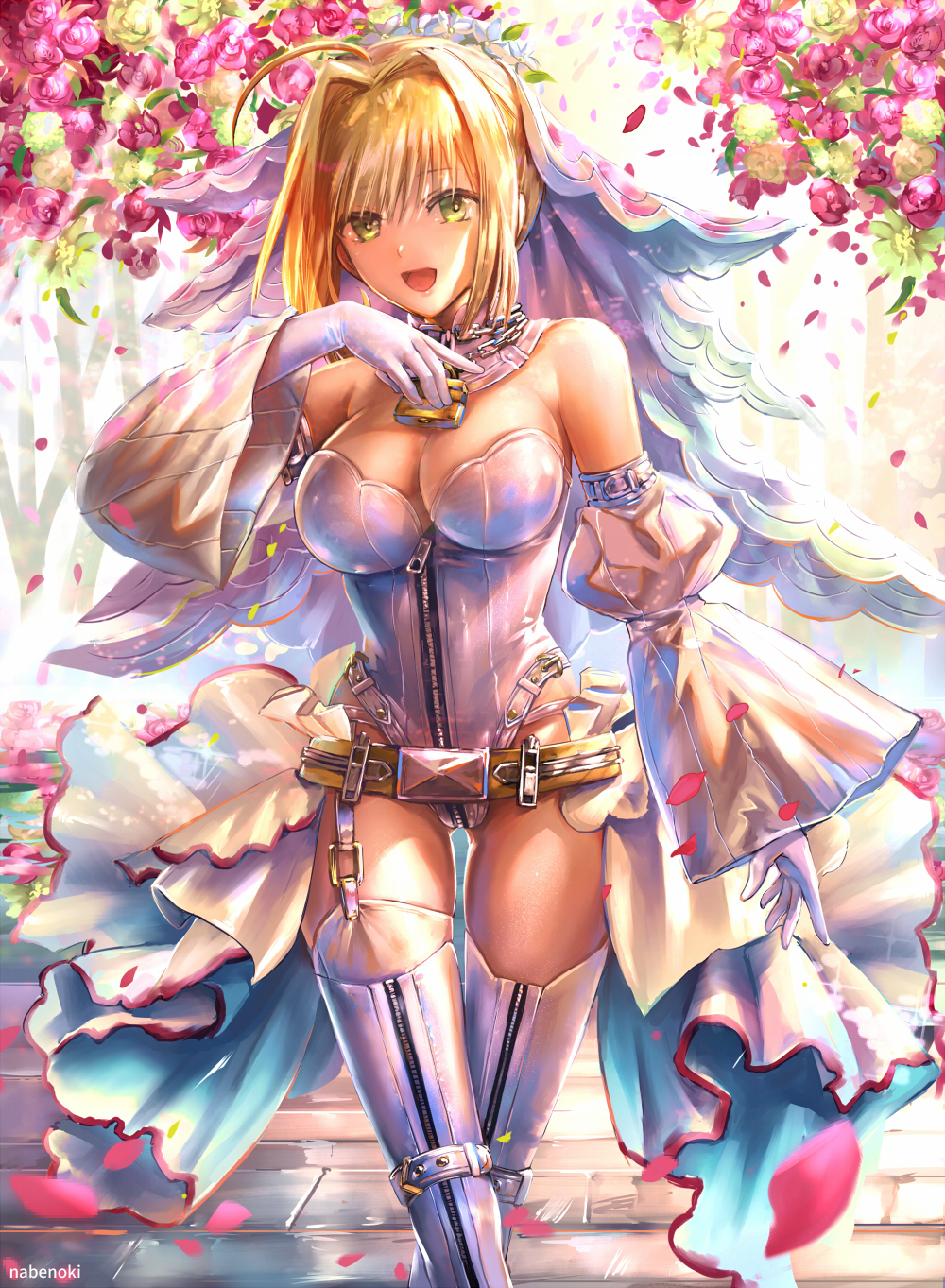 ahoge arm_at_side arm_strap artist_name bangs bare_shoulders belt belt_buckle blonde_hair blurry breasts brick_floor bridal_veil buckle carnation chain cleavage commentary crossed_legs depth_of_field detached_collar detached_sleeves elbow_gloves eyebrows_visible_through_hair fate/extra fate/extra_ccc fate/grand_order fate_(series) flower flower_wreath full-length_zipper garter_belt gloves green_eyes green_flower hair_intakes hand_on_own_chest hand_up happy head_wreath highres hips large_breasts leaf leg_strap leotard light_rays lock long_sleeves looking_at_viewer loose_belt nabenoki nero_claudius_(bride)_(fate) nero_claudius_(fate)_(all) open_mouth outdoors padlock petals pink_flower pink_rose puffy_detached_sleeves puffy_sleeves rose sidelocks smile solo sparkle strapless strapless_leotard sunbeam sunlight thighhighs tree veil waist_cape watson_cross white_flower white_gloves white_legwear white_leotard white_sleeves wide_sleeves zipper zipper_pull_tab