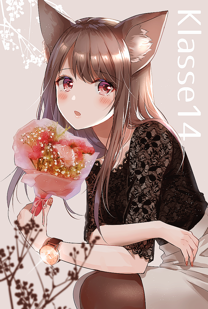 animal_ears bangs black_shirt blush bouquet brown_background brown_hair brown_legwear commentary_request eyebrows_visible_through_hair flower fox_ears grey_skirt holding holding_bouquet klasse14 leaning_forward long_hair looking_at_viewer myusha original pantyhose parted_lips pink_flower red_eyes red_flower shirt short_sleeves sitting skirt solo watch wristwatch