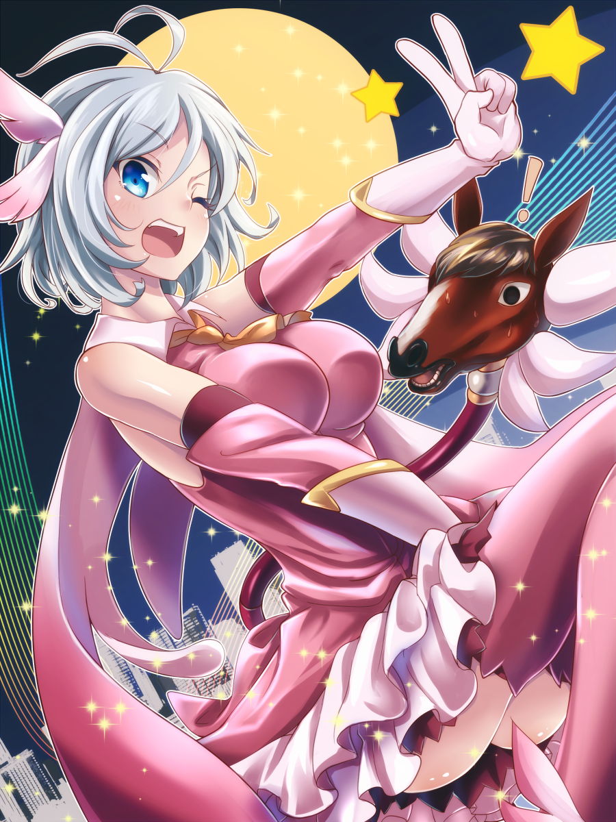 1girl ;d ascot bacharu_(youtube) bare_shoulders blue_eyes blush breasts building cosplay dansei_virtual_youtuber_bacharu dennou_shoujo_youtuber_shiro detached_sleeves dress eyebrows eyebrows_visible_through_hair fate/kaleid_liner_prisma_illya fate_(series) full_moon gloves hair_ornament highres illyasviel_von_einzbern long_sleeves medium_breasts moon one_eye_closed open_mouth orange_neckwear pink_dress pink_legwear prisma_illya prisma_illya_(cosplay) shiro_(dennou_shoujo_youtuber_shiro) short_hair silver_hair sleeveless sleeveless_dress smile sparkle star teeth thighhighs tom_(drpow) tongue v virtual_youtuber white_gloves wing_hair_ornament
