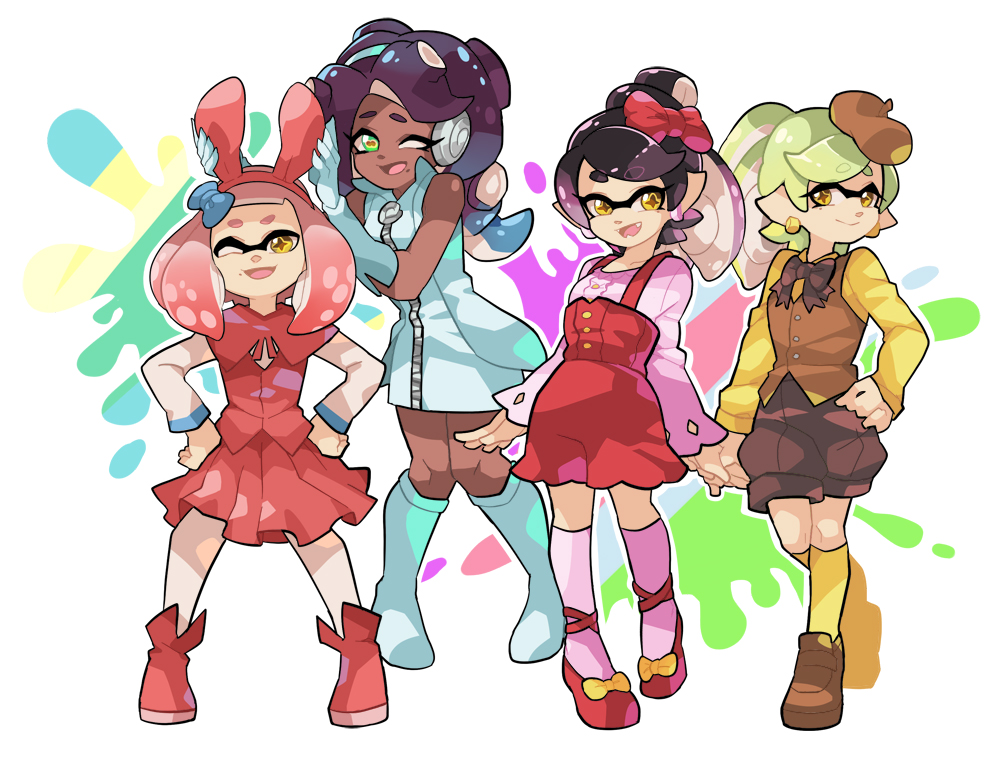 4girls adjusting_another's_clothes alternate_costume alternate_hairstyle animal_ears ankle_boots aori_(splatoon) bangs beret black_hair black_legwear blunt_bangs boots bow bow_footwear bowtie brown_eyes brown_hair brown_hat brown_neckwear brown_shorts brown_vest bunny_ears cephalopod_eyes cinnamoroll cinnamoroll_(cosplay) commentary cosplay crown dark_skin domino_mask dress earrings elbow_gloves english_commentary eyebrows_visible_through_hair fake_animal_ears gloves gradient_hair green_dress green_footwear green_gloves hair_bow hair_up hands_on_hips hat headphones hello_kitty hello_kitty_(character) hello_kitty_(character)_(cosplay) hime_(splatoon) holding_hands hotaru_(splatoon) iida_(splatoon) jewelry knee_boots kneehighs loafers long_hair long_sleeves looking_at_viewer mask medium_skirt mole mole_under_mouth multicolored multicolored_background multicolored_hair multiple_girls my_melody my_melody_(cosplay) octarian one_eye_closed onegai_my_melody open_mouth overall_shorts overalls paint_splatter pantyhose pink_hair pink_legwear pink_pupils pink_shirt pleated_skirt pompompurin pompompurin_(cosplay) puffy_shorts red_bow red_footwear red_skirt red_vest sanrio shirt shoes short_dress short_hair shorts skirt sleeveless sleeveless_dress smile splatoon_(series) splatoon_2 standing tentacle_hair vest white_legwear white_shirt wong_ying_chee yellow_legwear yellow_shirt zipper