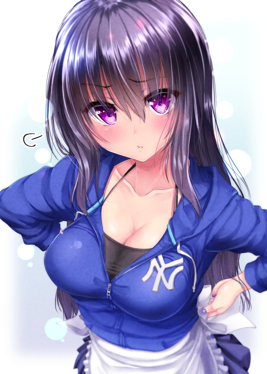 =3 apron black_hair blue_background blue_hoodie blush breasts cleavage gradient gradient_background highres large_breasts lens_flare long_hair long_sleeves looking_at_viewer mokufuu new_york_yankees original pleated_skirt pout purple_eyes skirt solo track_suit tying_apron white_background