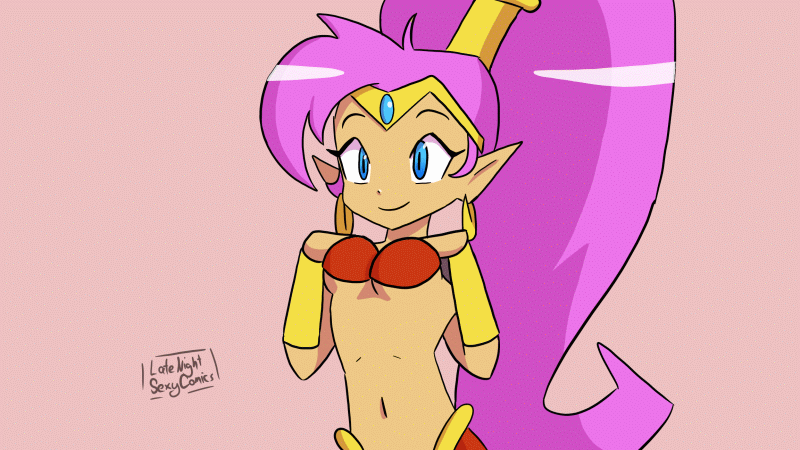animated blue_eyes breasts female genie hair humanoid inverted_nipples jewelry latenightsexycomics nipples not_furry pink_hair pointy_ears shantae shantae_(series) solo star