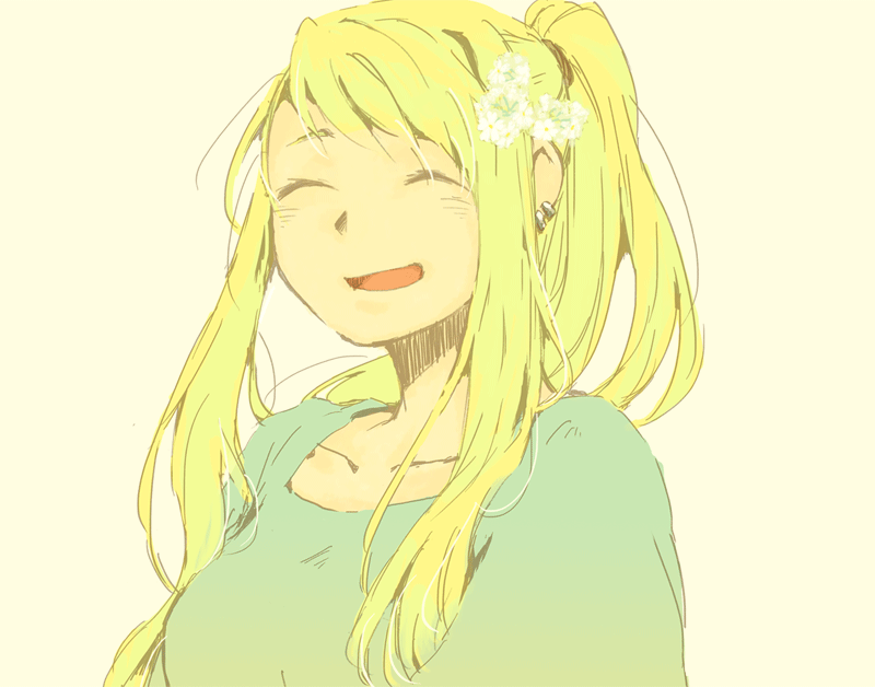bangs blonde_hair bouquet close-up closed_eyes earrings face flower flower_request fullmetal_alchemist green_shirt hair_flower hair_ornament happy igi_(tarqu0ise) jewelry long_hair open_mouth ponytail shirt simple_background smile solo upper_body white_flower winry_rockbell