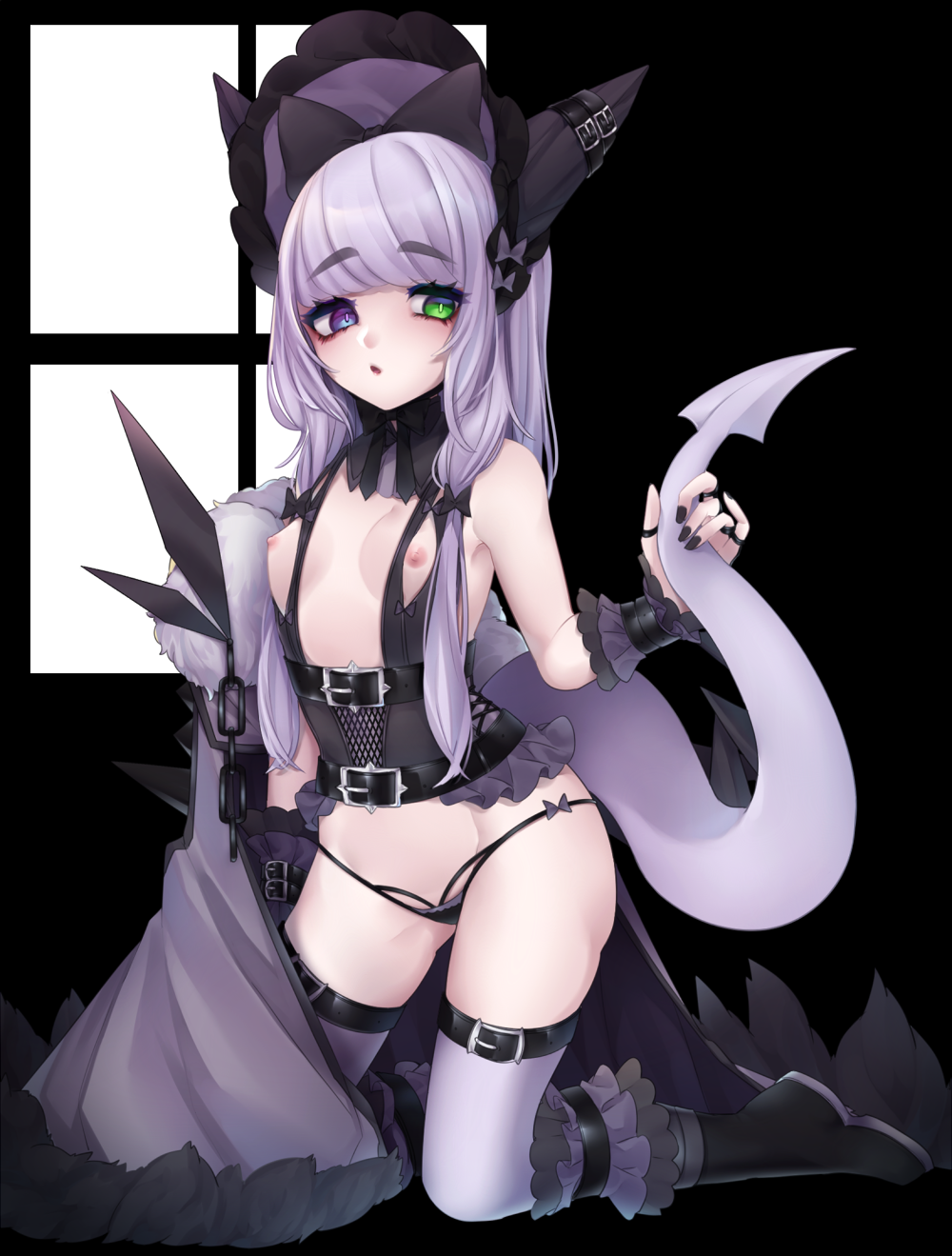 :o aerodactyl areolae arm_belt ass ass_visible_through_thighs bangs bare_shoulders belt belt_buckle black_belt black_bow black_footwear black_nails black_panties blue_eyes bonnet boots bow breastless_clothes breasts bright_pupils buckle chain dinosaur_tail eyebrows eyebrows_visible_through_hair eyelashes eyes_visible_through_hair fingernails full_body fur_trim gen_1_pokemon green_eyes groin hair_bow heterochromia highres hime_(ohime_pkg) holding_tail horns jewelry kneeling legband legs_apart long_hair mega_aerodactyl mega_pokemon midriff nail_polish nipples open_mouth panties personification pokemon purple_bow purple_hair purple_legwear ring small_breasts solo straight_hair tail tail_raised thick_eyebrows thigh_strap thighhighs thong thumb_ring tongue underwear white_pupils window wristband