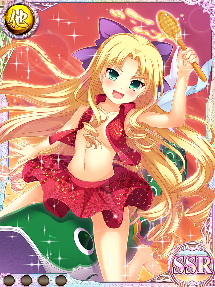 arm_up barefoot blonde_hair bow card_(medium) curly_hair enjutsu flat_chest green_eyes hair_bow honey koihime_musou long_hair navel no_bra non-web_source official_art open_clothes open_mouth open_shirt red_shirt red_skirt ribbon saeki_hokuto shirt sitting skirt sleeveless sleeveless_shirt smile solo straddling very_long_hair wind wind_lift