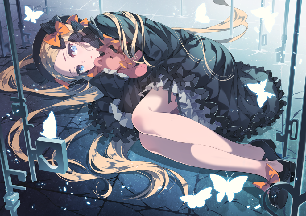 abigail_williams_(fate/grand_order) beret bf._(sogogiching) black_bow black_dress black_footwear black_hat blonde_hair blue_eyes bow bug butterfly commentary_request dress fate/grand_order fate_(series) frilled_dress frills hair_bow hat holding holding_stuffed_animal insect key long_hair looking_at_viewer lying on_floor on_side orange_bow oversized_object parted_lips polka_dot polka_dot_bow solo stone_floor stuffed_animal stuffed_toy teddy_bear tile_floor tiles very_long_hair