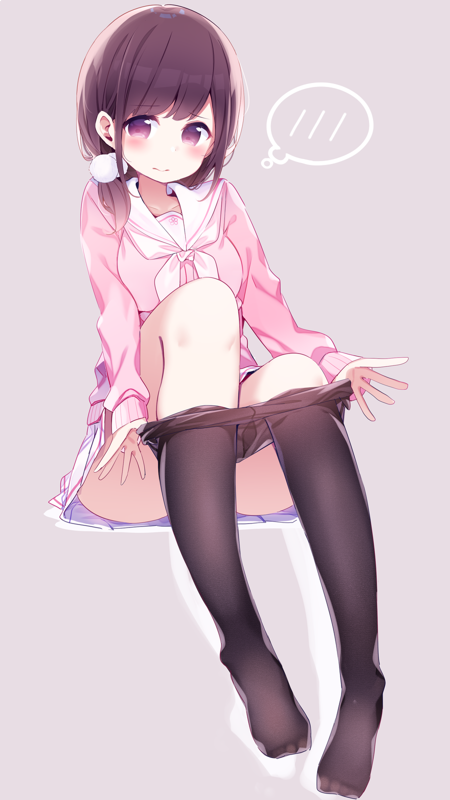 3: black_legwear blush breasts brown_hair chikuwa. closed_mouth commentary_request full_body grey_background hair_ornament highres long_sleeves looking_at_viewer medium_breasts neckerchief no_shoes original pantyhose pantyhose_pull pink_neckwear pink_sweater pleated_skirt pom_pom_(clothes) pulled_by_self purple_eyes sailor_collar school_uniform serafuku simple_background sitting skirt solo spoken_blush sweater thought_bubble undressing white_sailor_collar white_skirt