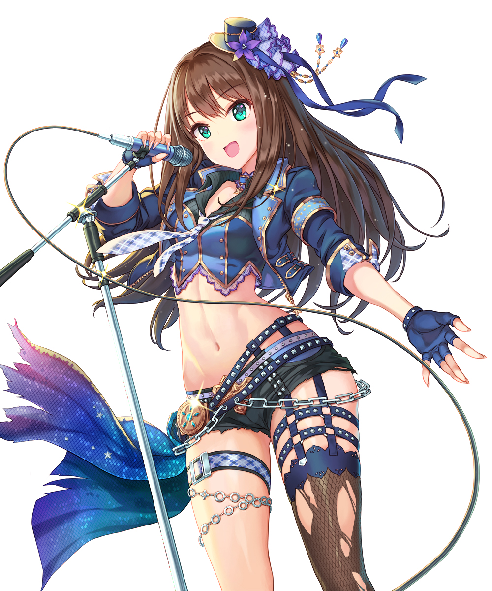 bangs belt blue_gloves blue_jacket blush breasts brown_hair chain commentary_request corset crop_top cropped_jacket earrings eyebrows_visible_through_hair fingerless_gloves fingernails gloves green_eyes hair_ornament hat hhama highres hips idolmaster idolmaster_cinderella_girls idolmaster_cinderella_girls_starlight_stage jacket jewelry long_fingernails long_hair looking_at_viewer medium_breasts microphone microphone_stand midriff mini_hat navel necktie open_clothes open_jacket open_mouth over_myself_(idolmaster) ribbon shibuya_rin short_shorts shorts simple_background single_thighhigh skirt smile solo studded_belt thigh_strap thighhighs thighs torn_clothes torn_legwear white_background