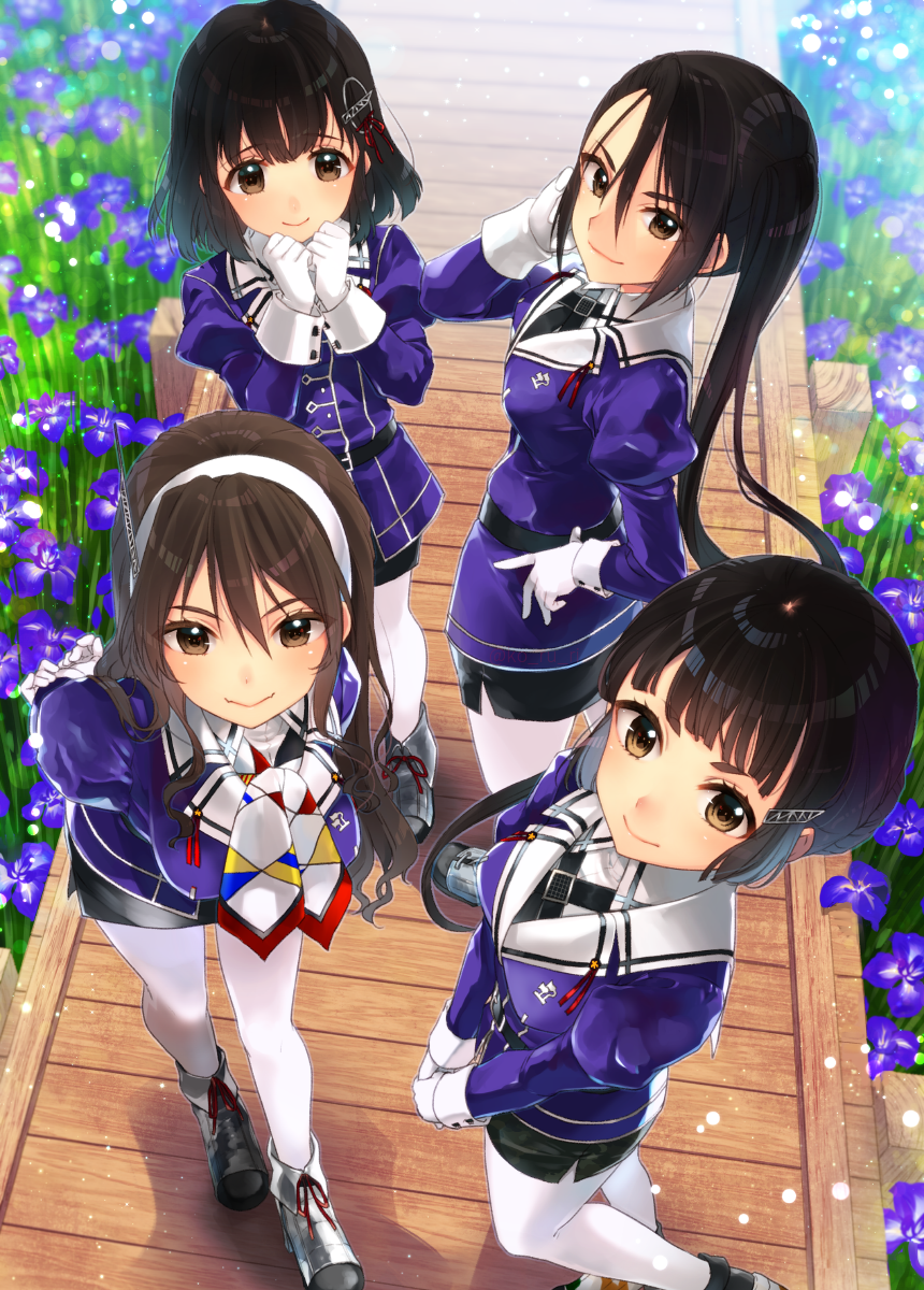 ankle_boots arm_up arms_behind_back ashigara_(kantai_collection) bangs belt belt_buckle black_hair black_skirt blunt_bangs blush boots breasts brown_eyes brown_hair buckle closed_mouth day eyebrows_visible_through_hair fang_out flower from_above gloves grass grey_footwear haguro_(kantai_collection) hair_between_eyes hair_ornament hairband hairclip hand_in_hair hand_on_hip hands_up highres juliet_sleeves kantai_collection koruri large_breasts leaning_forward lens_flare long_hair long_sleeves looking_at_viewer looking_to_the_side looking_up medium_breasts military military_uniform multicolored multicolored_neckwear multiple_girls myoukou_(kantai_collection) nachi_(kantai_collection) outdoors own_hands_together pantyhose path pencil_skirt puffy_sleeves purple_flower road sailor_collar shadow short_hair side_ponytail side_slit skirt smile standing standing_on_one_leg tareme tsurime twitter_username uniform v_arms very_long_hair wavy_mouth white_gloves white_hairband white_legwear white_sailor_collar wood