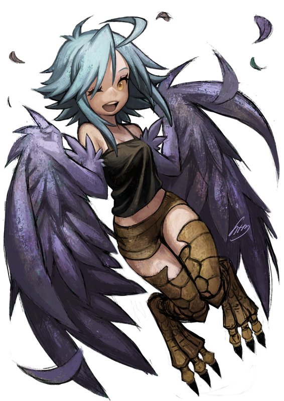 1girl ahoge blue_hair feathered_wings feathers female harpy htm_(gixig) monster_girl monster_musume_no_iru_nichijou one_eye_closed open_mouth papi_(monster_musume) short_shorts shorts simple_background solo source_request white_background wings