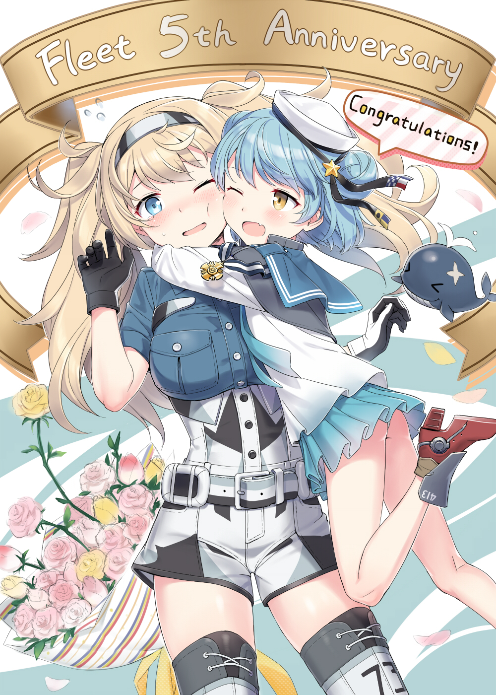 animal anniversary aqua_skirt ass bad_id bad_pixiv_id belt belt_buckle blonde_hair blue_eyes blue_hair blue_shirt blush breast_pocket breasts buckle buttons cnm dixie_cup_hat double_bun english fang flat_ass flower gambier_bay_(kantai_collection) gloves hat highres hug kantai_collection large_breasts long_hair long_sleeves medal military_hat miniskirt multicolored multicolored_clothes multicolored_gloves multiple_girls navy_cross one_eye_closed open_mouth panties pantyshot pantyshot_(jumping) pink_flower pleated_skirt pocket samuel_b._roberts_(kantai_collection) school_uniform serafuku shirt short_hair shorts skirt smile twintails underwear whale white_hat white_panties white_shorts yellow_eyes yellow_flower