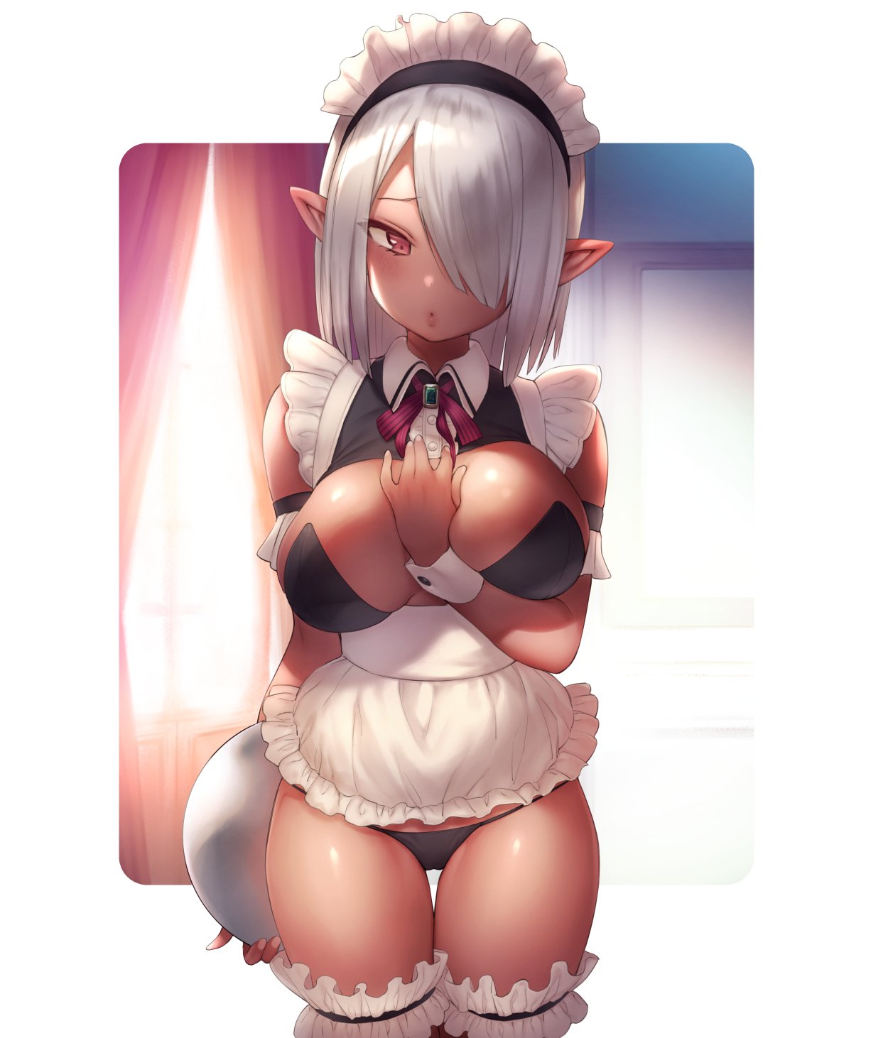 apron between_breasts black_panties breasts cameltoe commentary_request dark_elf dark_skin elf hair_over_one_eye hand_between_breasts hand_on_own_chest highres indoors large_breasts leg_garter maid_headdress medium_hair original outside_border panties pointy_ears pokachu shiny shiny_skin silver_hair solo string_panties thigh_gap tray underwear waist_apron wrist_cuffs