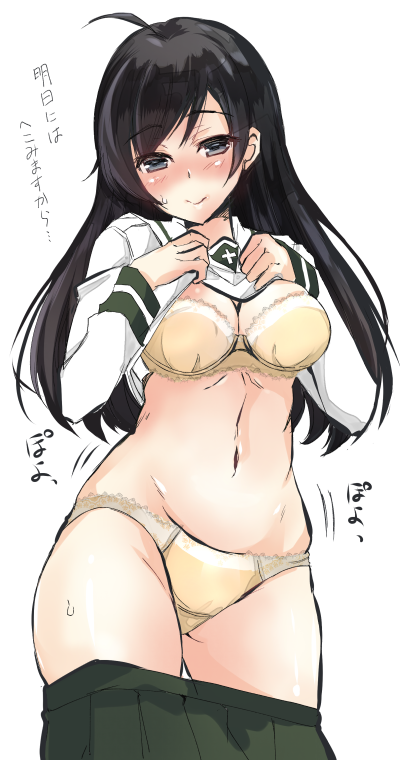 abenattou ahoge bangs black_eyes black_hair black_neckwear blouse blush bra breasts closed_mouth commentary_request cowboy_shot crotch_seam embarrassed eyebrows_visible_through_hair frown girls_und_panzer green_skirt head_tilt isuzu_hana lace lace-trimmed_bra lace-trimmed_panties lifted_by_self long_hair long_sleeves looking_at_viewer medium_breasts miniskirt motion_lines navel neckerchief ooarai_school_uniform panties pleated_skirt school_uniform serafuku shirt_lift skirt skirt_pull solo standing sweat translation_request underwear white_background white_blouse yellow_bra yellow_panties