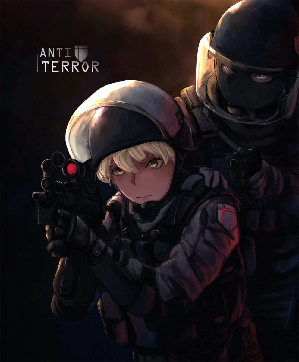 1other black_gloves blonde_hair blue_eyes body_armor chin_strap closed_mouth commentary dark english english_commentary face_mask frown gloves grey_jacket gun h&amp;k_mp5k hand_on_another's_shoulder handgun heckler_&amp;_koch helmet highres holding holding_gun holding_weapon jacket kneeling mask original scope serious ski_mask submachine_gun tactical_clothes therj weapon weapon_request yellow_eyes