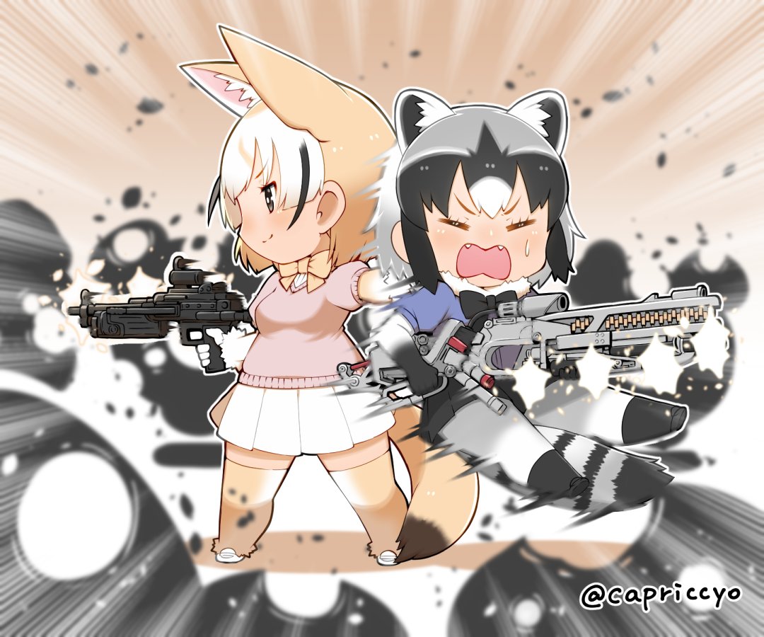 afterimage animal_ears avengers:_infinity_war blonde_hair blush bow bowtie capriccyo chibi closed_eyes commentary_request common_raccoon_(kemono_friends) fangs fennec_(kemono_friends) fox_ears fox_tail full_body grey_hair grey_legwear gun kemono_friends looking_away marvel multicolored_hair multiple_girls pantyhose parody pleated_skirt raccoon_ears raccoon_tail skirt smile standing streaked_hair tail thighhighs twitter_username two-tone_hair v-shaped_eyebrows weapon zettai_ryouiki