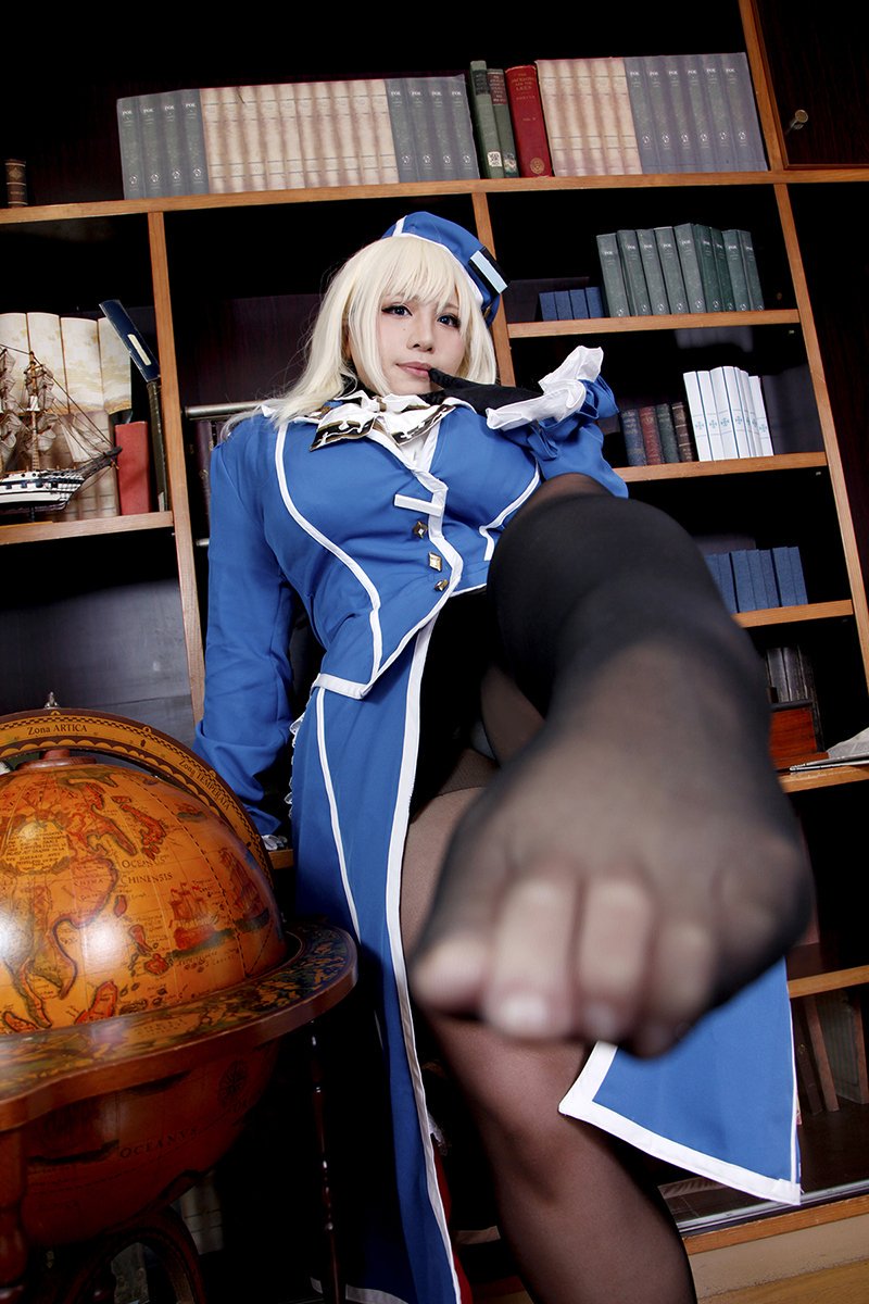 1girl asian atago_(kantai_collection) atago_(kantai_collection)_(cosplay) black_gloves black_shoes blonde_hair blue_hat breasts brown_eyes chouzuki_maryou cosplay gloves hat kantai_collection large_breasts looking_at_viewer military_uniform pantyhose personification photo plump shoes solo uniform