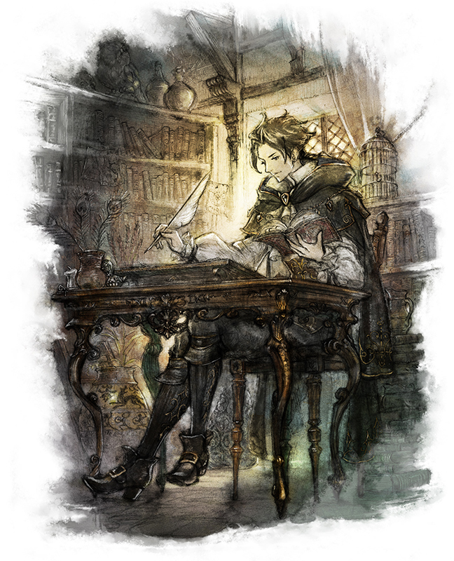 birdcage book bookshelf brown_hair cage chair cloak cyrus_(octopath_traveler) desk feathers high_heels ikusy looking_down male_focus octopath_traveler official_art quill reading sitting solo square_enix vase window writing