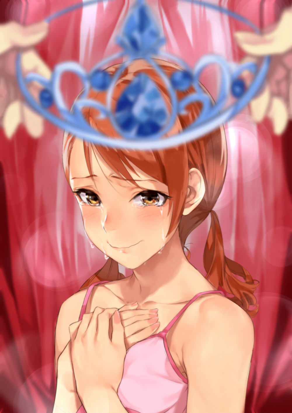 bare_shoulders blurry blush brown_eyes brown_hair camisole collarbone commentary_request crying crying_with_eyes_open depth_of_field gem geregere_(lantern) hands_on_own_chest happy_tears highres holding houjou_karen idolmaster idolmaster_cinderella_girls lens_flare low_twintails out_of_frame pink_camisole pov pov_hands putting_on_headwear smile solo_focus tears tiara twintails wavy_mouth