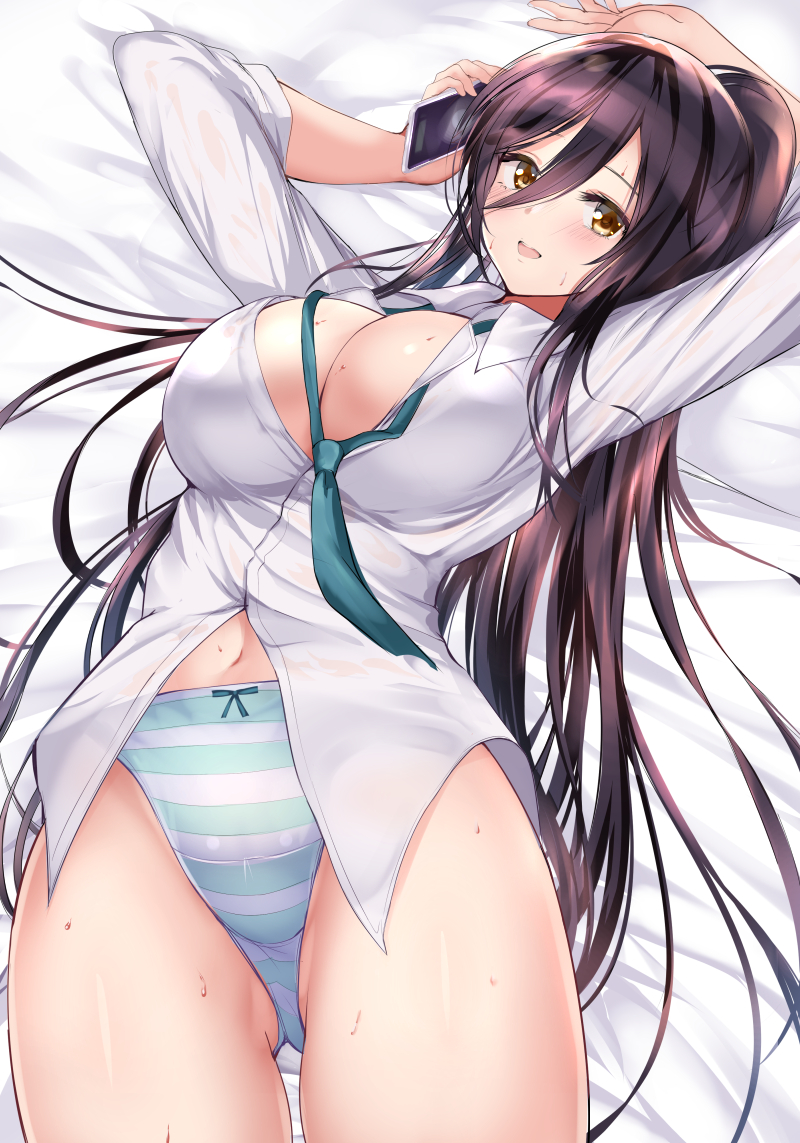 :d aqua_neckwear arm_up ass_visible_through_thighs bangs black_hair blush breasts cellphone cleavage collared_shirt commentary_request eyebrows_visible_through_hair gorua_(youce01) hair_between_eyes idolmaster idolmaster_shiny_colors indoors large_breasts long_hair looking_at_viewer loose_necktie lying navel necktie no_pants on_back open_mouth panties phone ponytail revision shirase_sakuya shirt smartphone smile solo striped striped_panties sweat underwear white_shirt yellow_eyes
