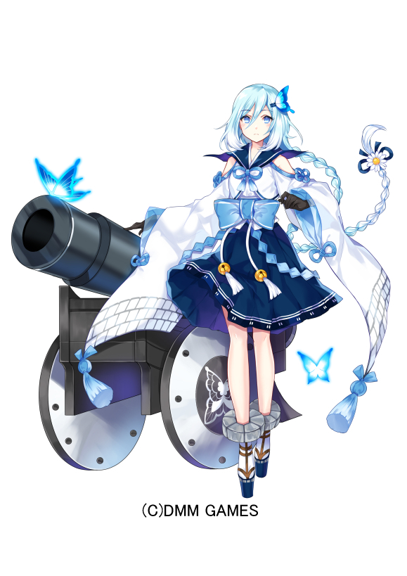 black_gloves blue_eyes blue_hair braid bug butterfly cannon eyebrows_visible_through_hair full_body gloves hair_ornament hyogo_(oshiro_project) insect long_hair long_skirt looking_at_viewer oshiro_project oshiro_project_re pleated_skirt ririkuto skirt solo standing twin_braids twintails white_background wide_sleeves