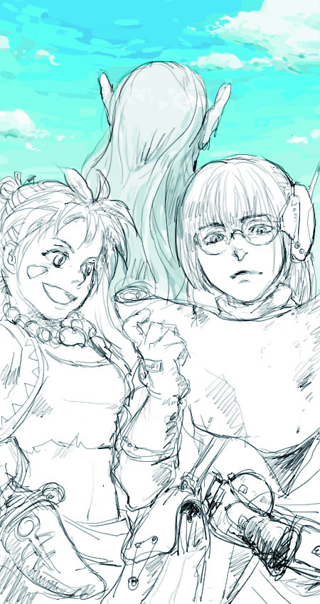 2girls 90s aqua aqua_sky bangs breasts chrono_cross chrono_trigger commentary_request day fantasy glasses hatching_(texture) kid_(chrono_cross) long_hair long_image lucca_ashtear magus maro_(omt_marorotei) monochrome multiple_girls open_mouth sketch sky smile tall_image time_paradox vest