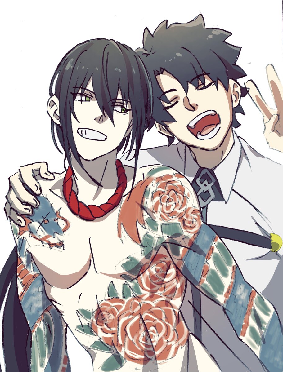 :d black_hair closed_eyes commentary_request fate/grand_order fate_(series) fujimaru_ritsuka_(male) green_eyes grin hand_on_another's_shoulder hand_up highres jewelry long_hair looking_at_another male_focus mi_(pic52pic) multiple_boys necklace open_mouth shirtless smile tattoo v wing_collar yan_qing_(fate/grand_order)