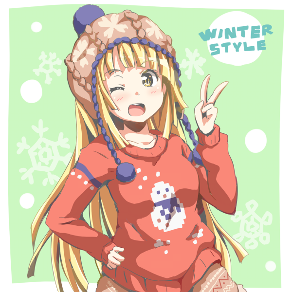 bang_dream! bangs blonde_hair blush brown_hat collarbone english green_background hand_on_hip hat knit_hat long_sleeves looking_at_viewer one_eye_closed open_mouth pom_pom_(clothes) print_sweater red_sweater riai_(onsen) snowflake_background snowman_print solo sweater tsurumaki_kokoro v yellow_eyes