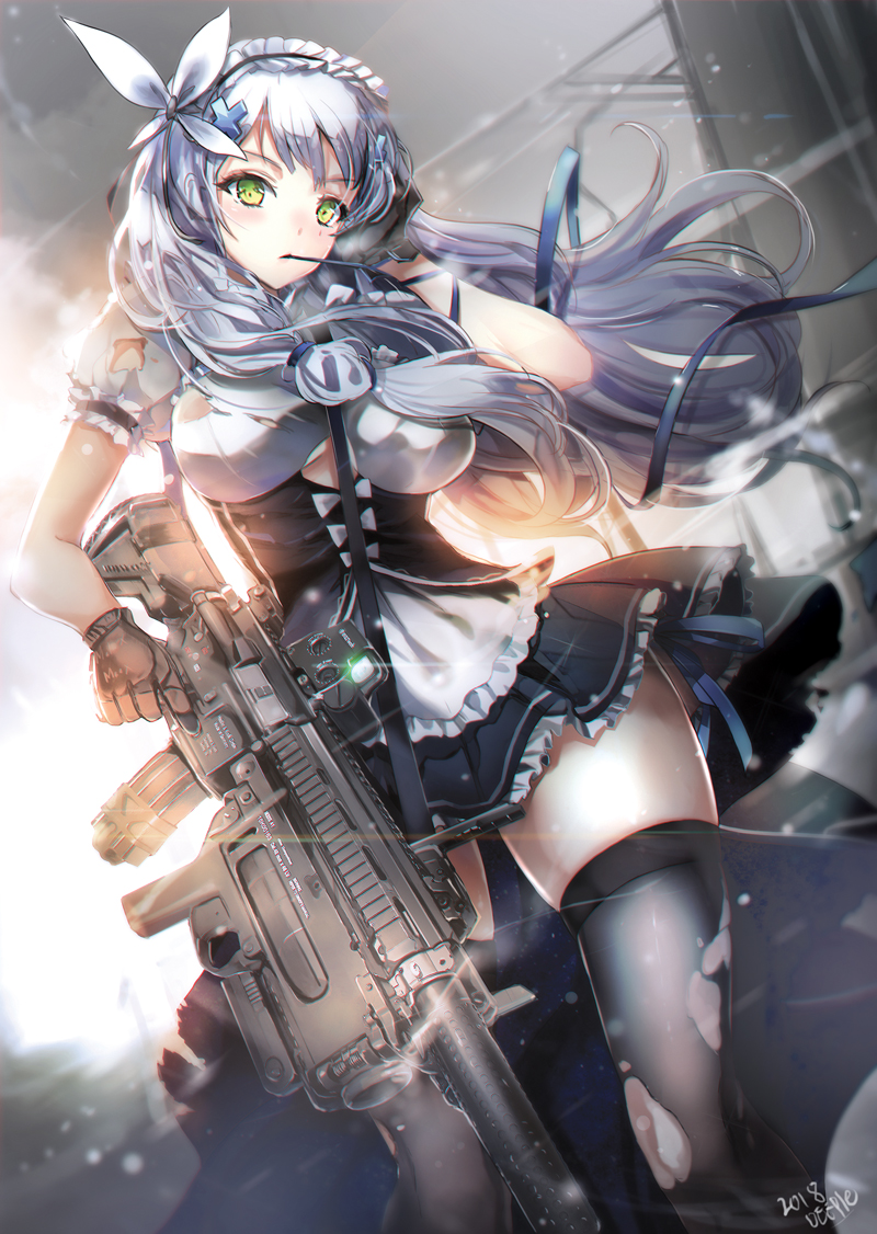alternate_costume apron assault_rifle bangs black_gloves black_legwear blunt_bangs blush breasts closed_mouth commentary cowboy_shot dated deeple dress enmaided eyebrows_visible_through_hair facepaint fingerless_gloves floating_hair frills girls_frontline gloves green_eyes gun hair_ornament hand_on_own_face heckler_&amp;_koch hk416 hk416_(girls_frontline) holding holding_gun holding_weapon light_particles long_hair looking_at_viewer maid maid_headdress medium_breasts mouth_hold outdoors puffy_short_sleeves puffy_sleeves rifle short_sleeves signature silver_hair skindentation skirt solo sparkle teardrop thighhighs torn_clothes underboob_cutout weapon wind wind_lift