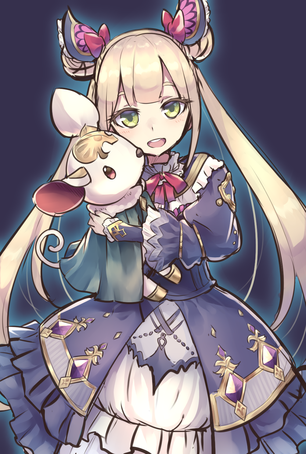 :d bangs blonde_hair bow diamond_(shape) double_bun dress eyebrows eyelashes frilled_dress frills gem green_eyes hair_bow hair_ornament head_tilt highres holding holding_stuffed_animal long_hair long_sleeves looking_at_viewer luna_(shadowverse) open_mouth puffy_sleeves purple_background purple_dress red_bow red_ribbon ribbon shadowverse simple_background smile solo stuffed_animal stuffed_mouse stuffed_toy teeth tongue twintails very_long_hair wagashi928