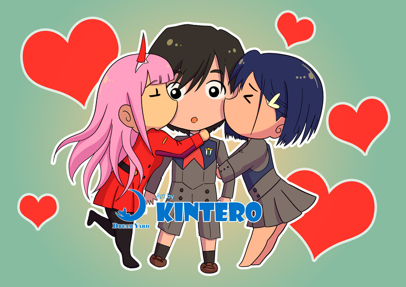 2boys 2girls barefoot black_hair black_legwear blue_hair brown_footwear cheek_kiss darling_in_the_franxx eyebrows_visible_through_hair eyes_closed fringe hair_ornament hairband hairclip hand_on_another's_neck heart hetero hiro_(darling_in_the_franxx) horns hug ichigo_(darling_in_the_franxx) long_hair long_sleeves malagandulay military military_uniform multiple_girls necktie one_leg_raised oni_horns pantyhose pink_hair red_horns red_neckwear shoes short_hair socks straight_hair uniform white_hairband white_hairclip zero_two_(darling_in_the_franxx)