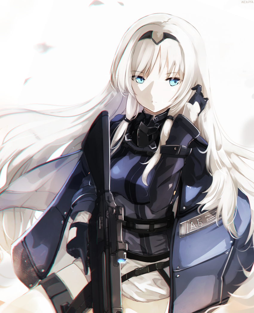 an-94 an-94_(girls_frontline) assault_rifle bangs black_gloves black_hairband blue_eyes closed_mouth commentary dyolf eyebrows_visible_through_hair girls_frontline gloves gun hairband hand_in_hair hand_up holding holding_gun holding_weapon jacket long_hair looking_away looking_to_the_side object_namesake purple_jacket rifle short_shorts shorts sidelocks solo trigger_discipline very_long_hair weapon white_background white_hair white_shorts