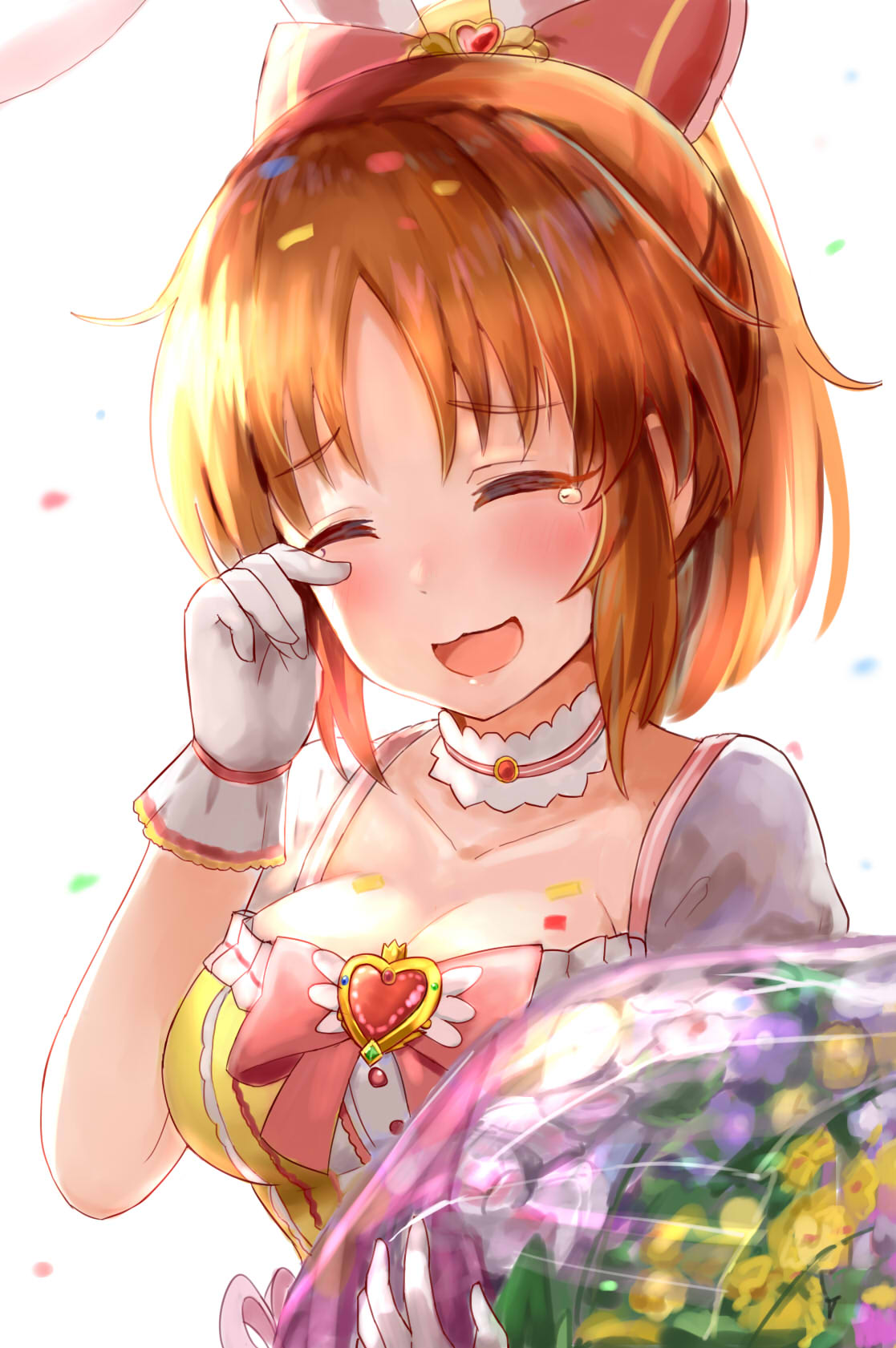 :3 :d abe_nana animal_ears bangs blush bouquet breasts bunny_ears cleavage closed_eyes commentary_request confetti detached_collar eyebrows_visible_through_hair facing_viewer flower gem gloves hair_ornament head_tilt heart highres holding holding_bouquet idolmaster idolmaster_cinderella_girls large_breasts medium_hair okitsugu open_mouth orange_hair ponytail short_sleeves simple_background smile solo tearing_up tears upper_body white_background white_gloves wiping_tears