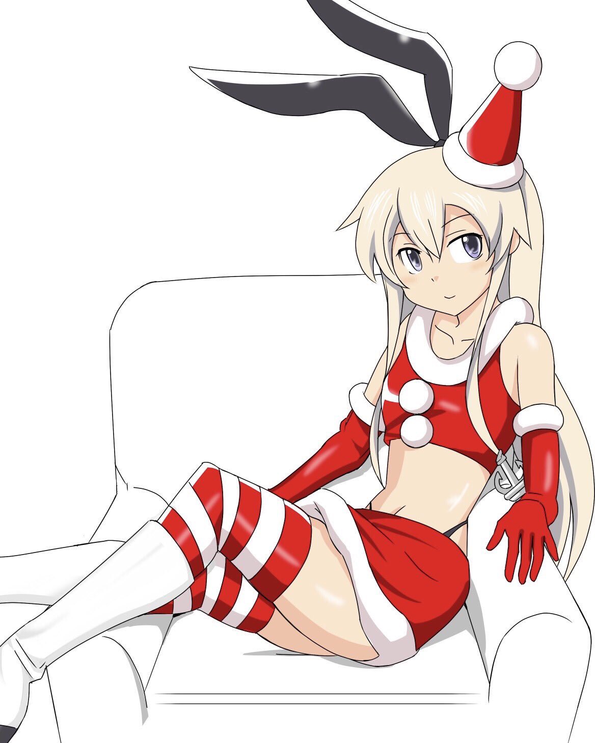 adapted_costume anchor_hair_ornament animal_ears blonde_hair boots breasts bunny_ears chair commentary_request crop_top easy_chair elbow_gloves fake_animal_ears fur_trim gloves grey_eyes hair_between_eyes hair_ornament hairband hat highres inoue_kousei kantai_collection legs_together long_hair looking_at_viewer navel santa_costume santa_hat shimakaze_(kantai_collection) sidelocks sitting sitting_sideways skirt sleeveless small_breasts smile solo striped striped_legwear thighhighs